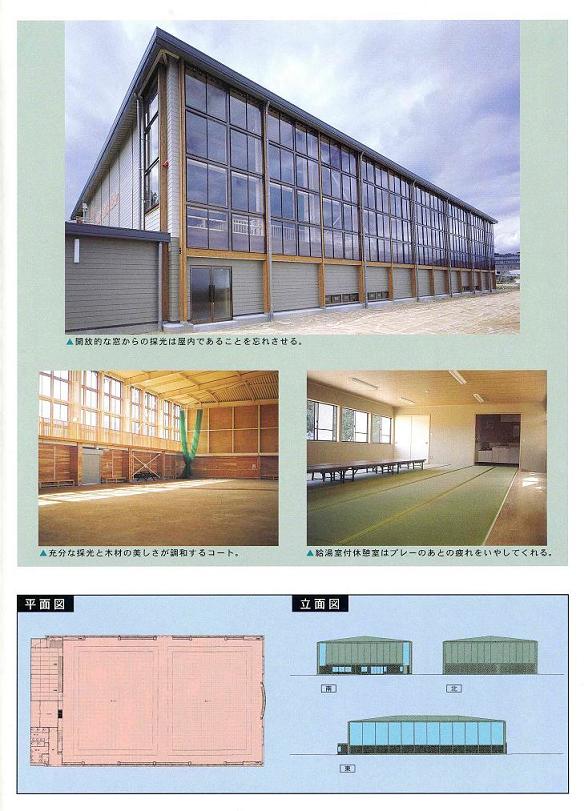 インドア施設概観資料。建物の外観と室内の画像がそれぞれ掲載されている